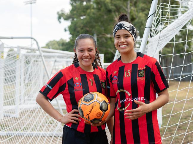 Mary Fowler (right) with her sister Ciara in the Bankstown City Lions kit in 2019. Picture: Monique Harmer.