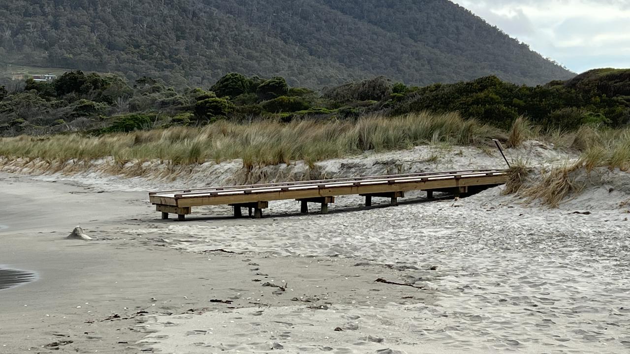 Disability access walkway at Pirates Bay Beach has abrupt drop, upsetting advocates. Picture: Supplied