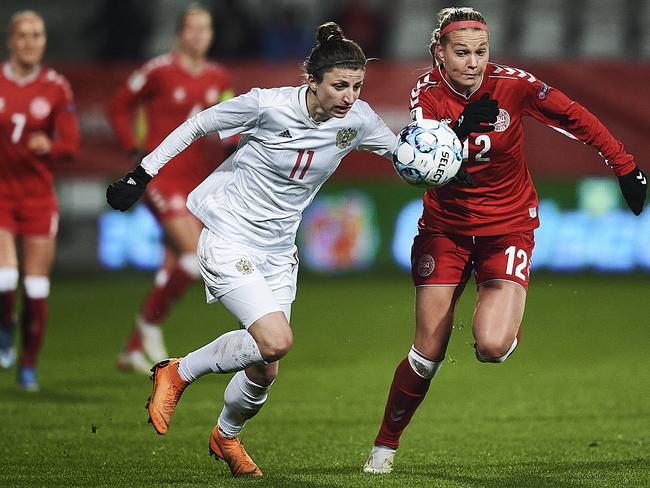 Russia’s Elina Samoylova competes for the ball with Stine Larsen of Denmark during a FIFA Women's World Cup 2023 qualifier in November. Picture: Jan Christensen / FrontzoneSport via Getty Images