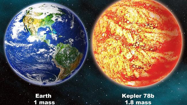 This artist's rendering provided by the Harvard-Smithsonian Center for Astrophysics shows a comparison between the Earth and planet Kepler 78b which is located in the Cygnus constellation hundreds of light-years away.