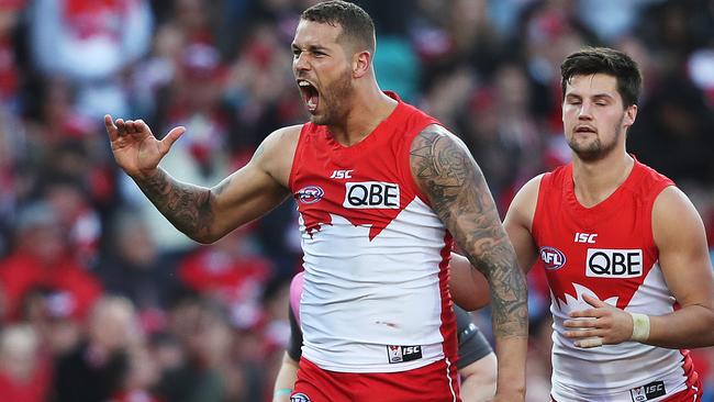 Lance Franklin copped a corkie against the Bombers. Picture: Phil Hillyard