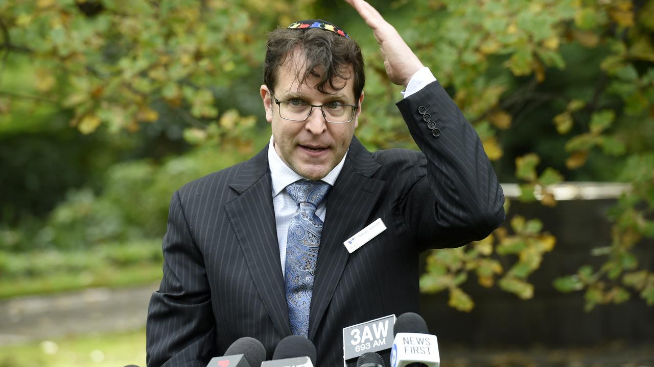 Daniel Aghion, President of the Jewish Community Council of Victoria, at Parliament House gardens to make an announcement about banning Nazi and other far-right signage. Picture: NCA NewsWire / Andrew Henshaw