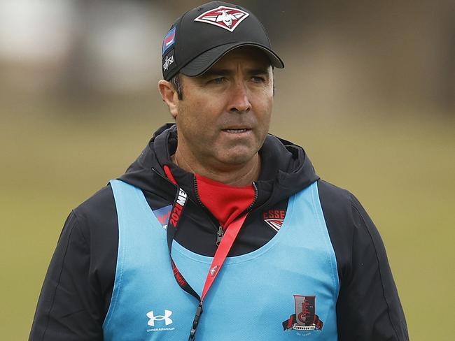 MELBOURNE, AUSTRALIA - DECEMBER 14: Bombers head coach Brad Scott looks on during an Essendon Bombers AFL training session at The Hangar on December 14, 2022 in Melbourne, Australia. (Photo by Daniel Pockett/AFL Photos/via Getty Images)