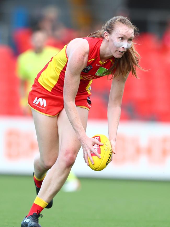 Tiarna Ernst of the Suns kicks during the round 2 AFLW match between the Gold Coast Suns and the Richmond Tigers at Metricon Stadium on February 15, 2020 in Gold Coast, Australia. (Photo by Chris Hyde/AFL Photos/Getty Images)