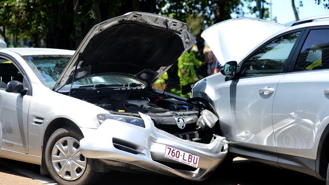 A stolen car has caused a four vehicle crash outside The Watermark on the Strand, Townsville. Picture: Alix Sweeney