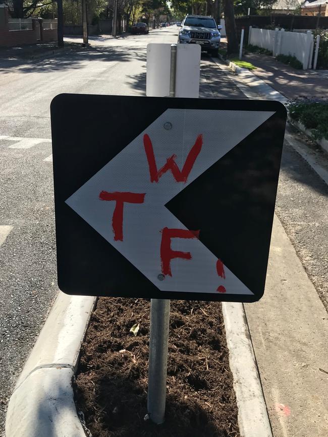 A defaced sign on Weller St. Picture: Jessica Adams