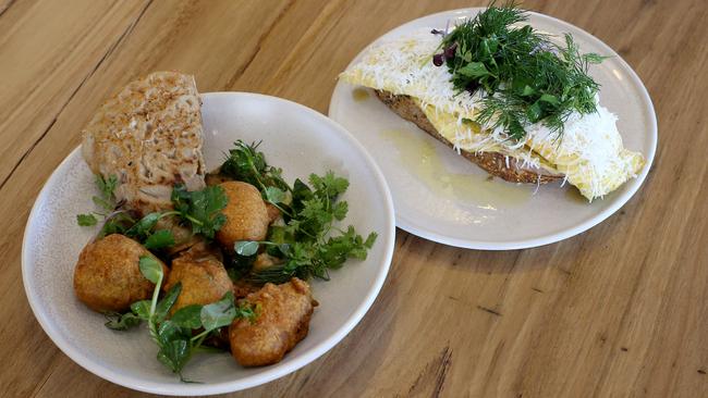 Cauliflower bhaji and the rolled omelet.