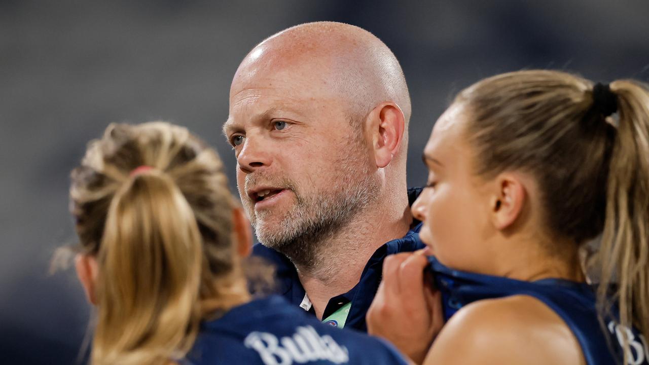 Geelong AFLW coach Dan Lowther speaks with his players during the 2024 AFLW season. Picture: Dylan Burns/AFL Photos via Getty Images