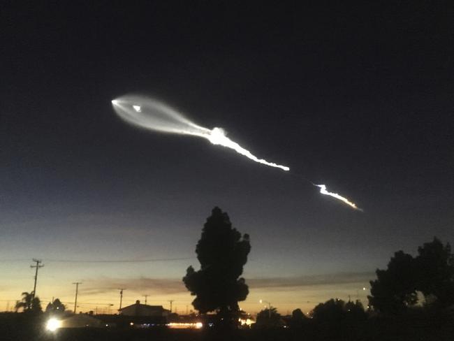 The contrail from the SpaceX Falcon 9 rocket is seen from Long Beach, California. Picture: AP