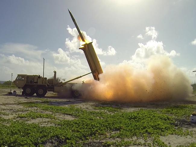 A Terminal High Altitude Area Defence (THAAD) interceptor launching from a THAAD battery in 2015. During the test, the THAAD system successfully intercepted two air-launched ballistic missile targets. Picture: Ben Listerman/US Department of Defence/AFP