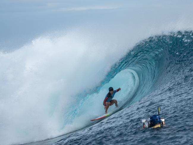 Water filmer Samuel Smith capturing Jack Robinson in Tahiti. Picture: Tim McKenna