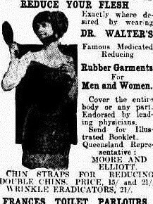 Advertisement for “Dr Walter's famous medicated reducing rubber garments”.