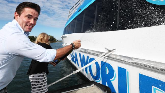 Clark Kirby and deputy mayor Donna Gates unveiled the new Sea World whale watch vessel earlier in 2019. Photograph: Jason O'Brien