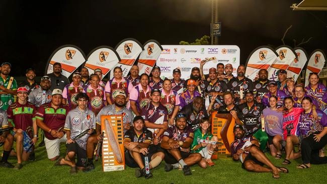 2024 grand final winners celebrating after the 2024 Imparja Cup presentations. Picture: Charlie Lowson/NT Cricket.