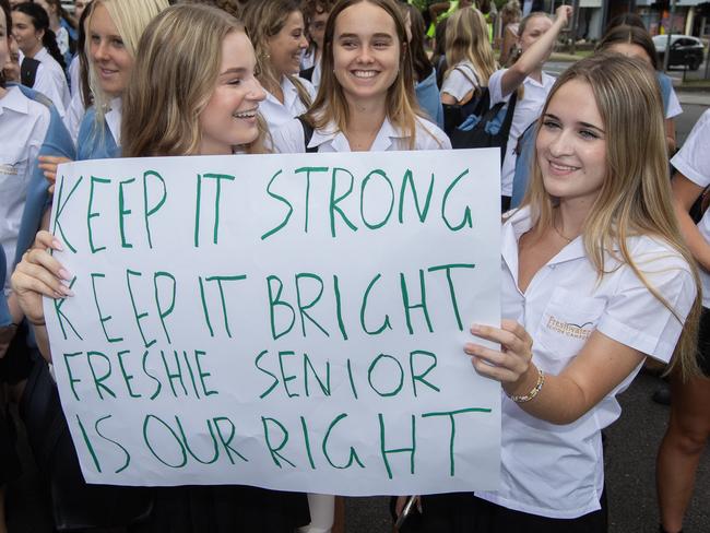 DAILY TELEGRAPH - 21st February 2025 - NBSC Freshwater Senior students protesting today over the Education Department's decision to turn it into a Yr 7-12 school next year. Pic by : Brendan Read