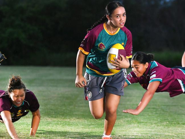 Lena Tautau, Keira Rangi and Harlem Walker are part of the growth of female participation in rugby league. Thursday January 16, 2020. (AAP image, John Gass)