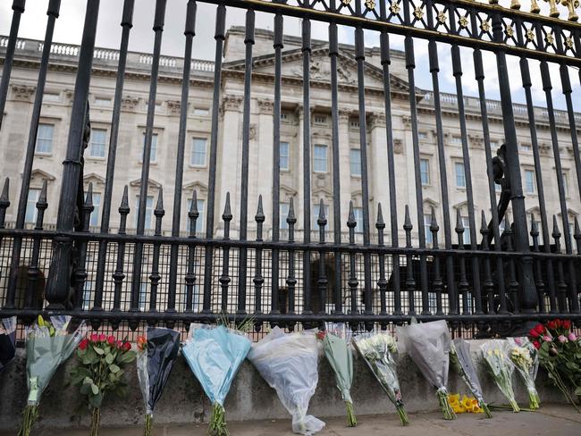 The scene outside Buckingham Palace in central London after the death of Prince Philip aged 99. Picture: AFP