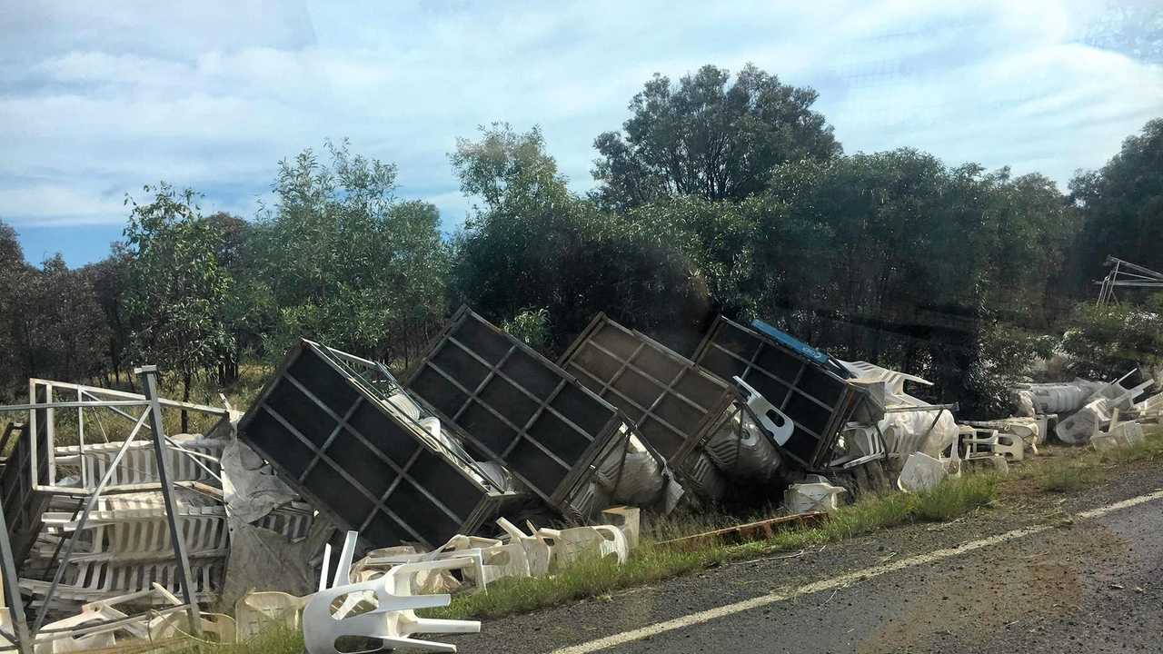 TIPPED: The truck was transporting plastic chairs at the time of the incident.