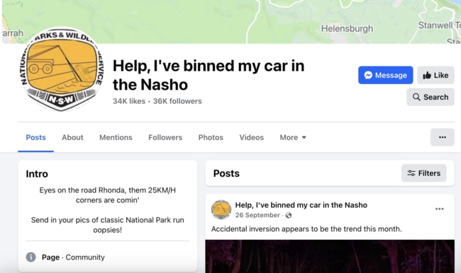 The ‘Help, I've binned my car in the Nasho’ has amassed 36,000 followers on Facebook.