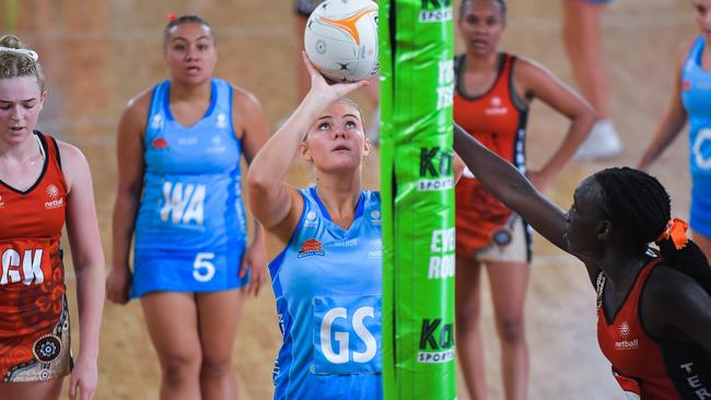 NSW’s Millie Tonkin shoots for goal against the NT in the 2023 National Netball Championships. Picture: Pema Tamang Pakhrin