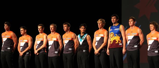 Liam Sumner (right) was in the top 10 in the AFL draft in 2011, alongside (L-R) Jonathon Patton, Stephen Coniglio, Dom Tyson, Will Hoskin-Elliott, Matt Buntine, Chad Wingard, Nick Haynes, Billy Longer and Adam Tomlinson.