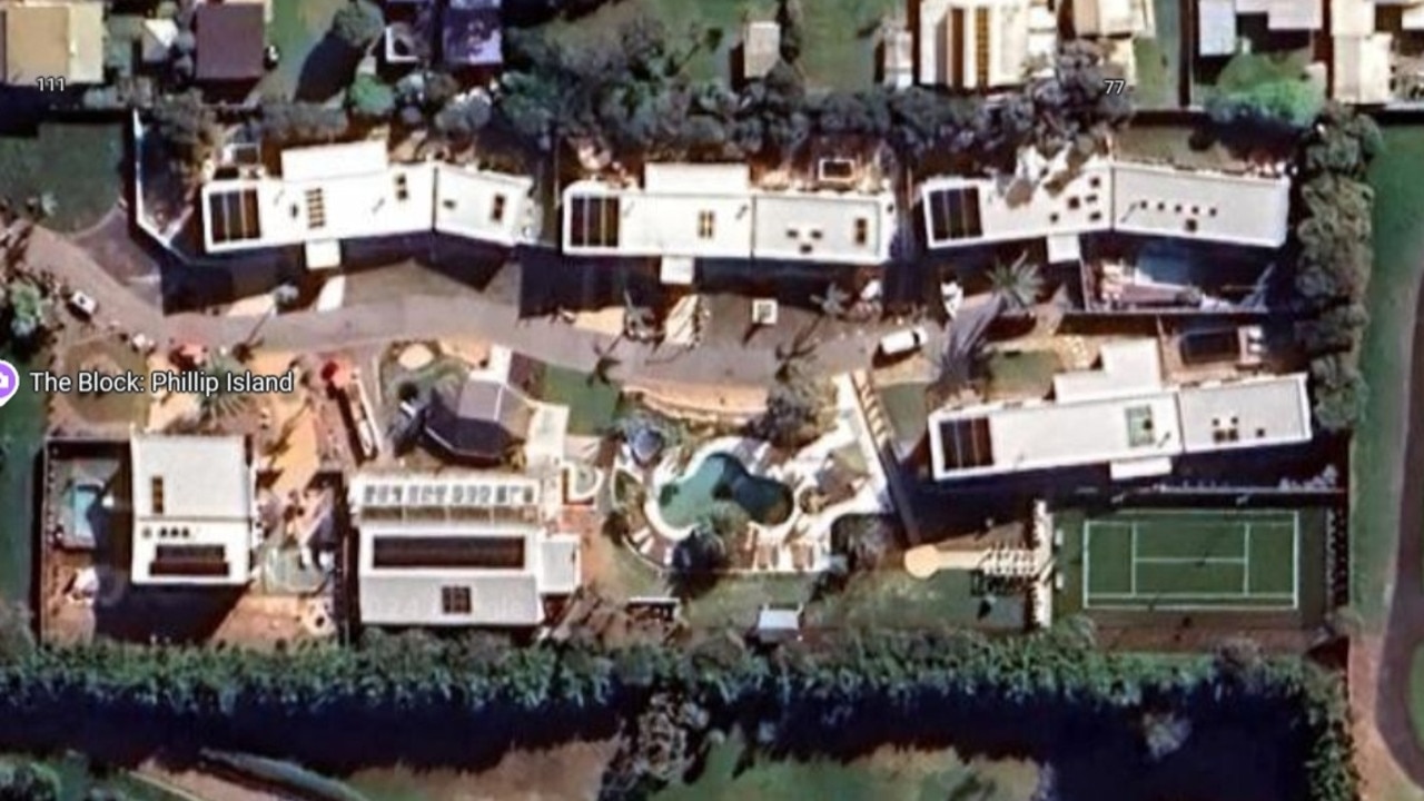 An aerial view of The Block’s five homes, plus the communal clubhouse.