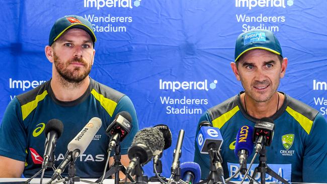 Coach Justin Langer with Australian ODI captain Aaron Finch, right. Picture: Getty Images