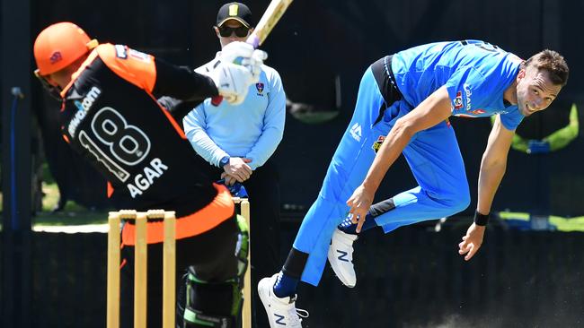 Harry Conway bowls to Ashton Agar during the BBL09 warm-up match between the Adelaide Strikers and Perth Scorchers at Karen Rolton Oval. Picture: Mark Brake/AAP