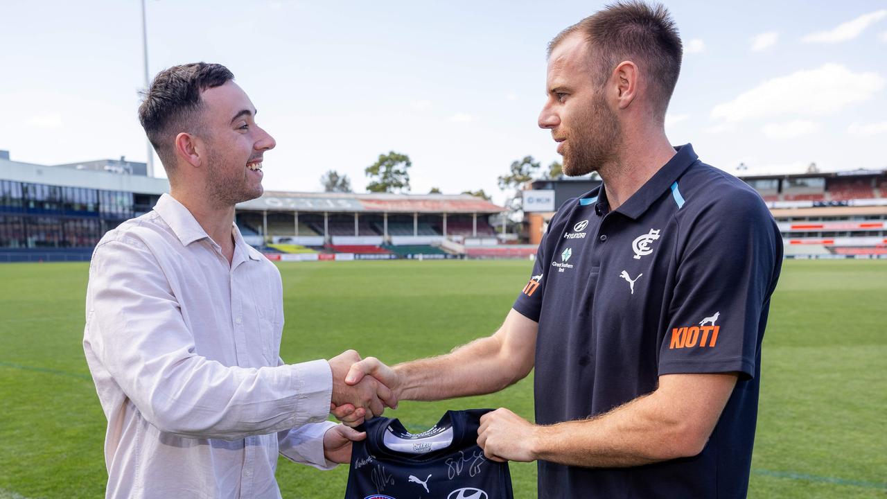 Carlton star Sam Docherty (right) has been a huge supporter of the Peter MacCallum Centre after receiving important care and treatment for testicular cancer. Picture: Jason Edwards