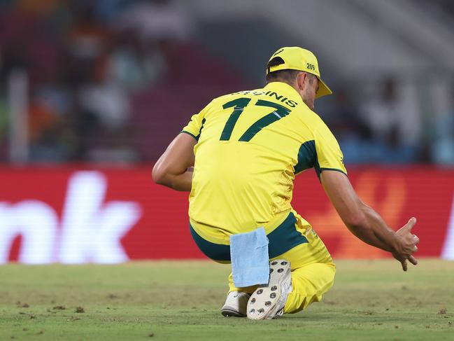 Marcus Stoinis drops a catch chance to dismiss David Miller of South Africa during the ICC Men's Cricket World Cup India 2023 between Australia and South Africa at BRSABVE Cricket Stadium. Picture: Getty Images