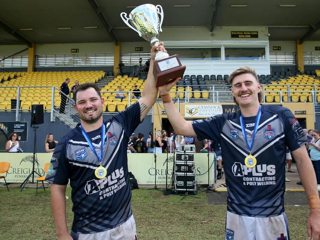 Men's Country Championships grand final,NewcastleÃs captain Chad OÃDonnell and man of the match Cameron Anderson Newcastle vs Monaro at Cessnock Sportsground, Sunday 24th March 2024 pic Sue Graham