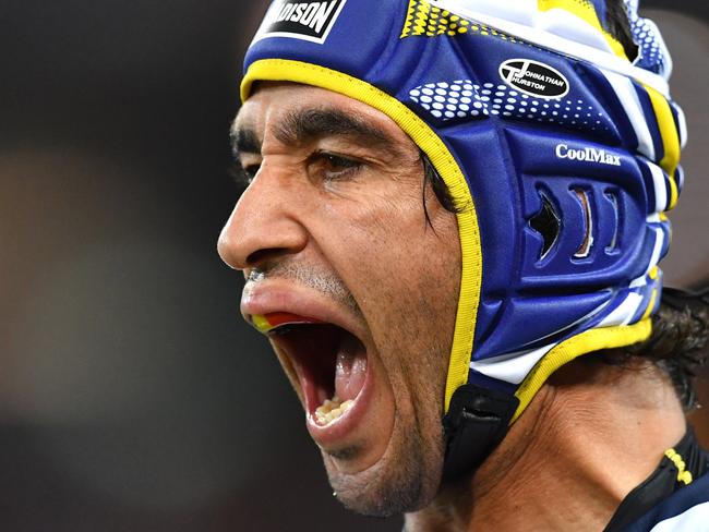 Johnathan Thurston of the Cowboys is seen during the Round 2 NRL match between the Brisbane Broncos and the North Queensland Cowboys at Suncorp Stadium in Brisbane, Friday, March 16, 2018. (AAP Image/Darren England) NO ARCHIVING, EDITORIAL USE ONLY