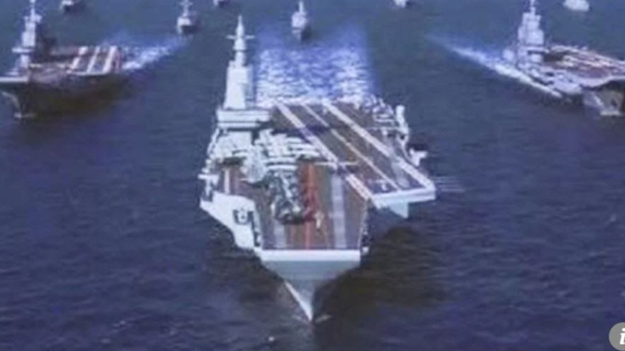 This computer-generated image of a ship that may be the Type 003 design was seen in the background of a Chinese state-media photo of a shipyard board meeting.