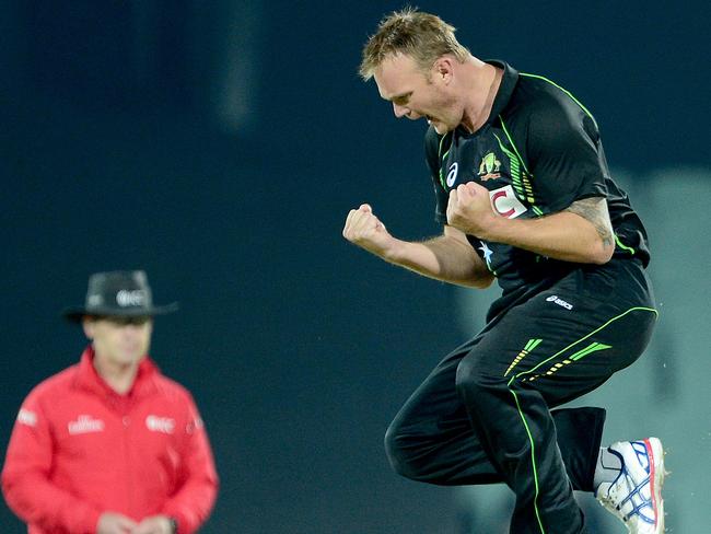 Doug Bollinger celebrates taking a wicket for Australia in a T20 against South Africa at Adelaide Oval in 2014. Picture: Mark Brake