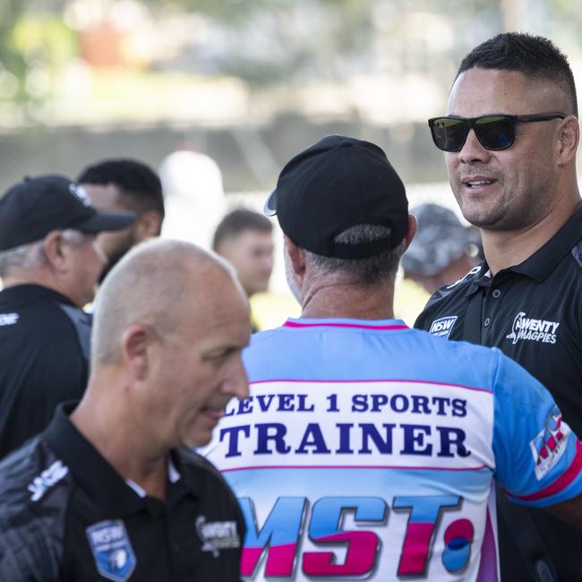 Jarryd Hayne (R) at the Wentworthville Magpies’ Ron Massey Cup clash. Picture: NewsWire / Monique Harmer