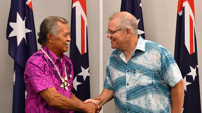 Henry Puna, then Cook Islands Prime Minister, meets with Scott Morrison for a bilateral meeting during the Pacific Islands Forum in 2019. Picture: AAP