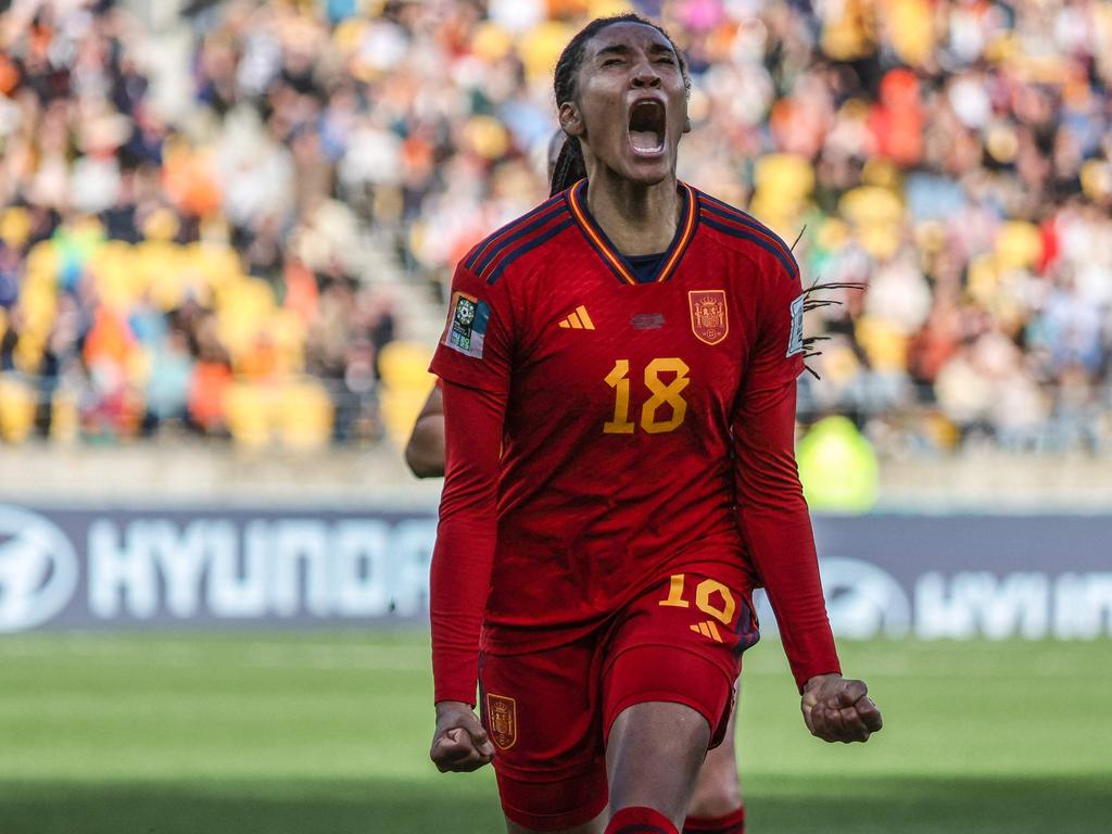 TOPSHOT - Spain's forward #18 Salma Paralluelo celebrates after scoring a goal during the Australia and New Zealand 2023 Women's World Cup quarter-final football match between Spain and the Netherlands at Wellington Stadium in Wellington on August 11, 2023. (Photo by Marty MELVILLE / AFP)