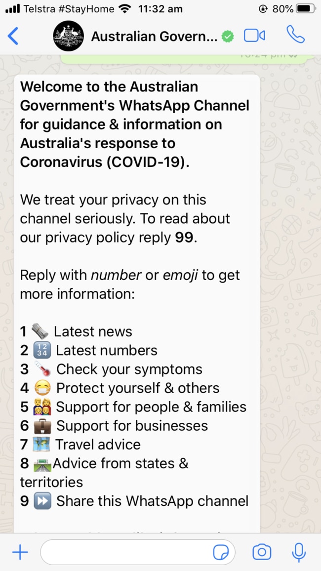 Australian government launch coronavirus updates via WhatsApp. Picture: Supplied