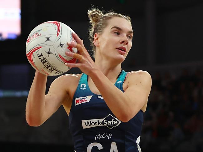 MELBOURNE, AUSTRALIA - MAY 07: Kiera Austin of the Vixens in action during the round eight Super Netball match between Melbourne Vixens and West Coast Fever at John Cain Arena on May 07, 2023 in Melbourne, Australia. (Photo by Graham Denholm/Getty Images)