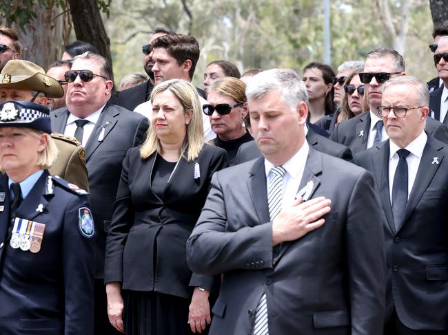 Premier Annastacia Palaszczuk, Queensland Police Minister Mark Ryan and Prime Minister Anthony Albanese at the memorial service with full police honours for constables Rachel McCrow and Matthew Arnold at Brisbane Entertainment Centre. Picture: Steve Pohlner