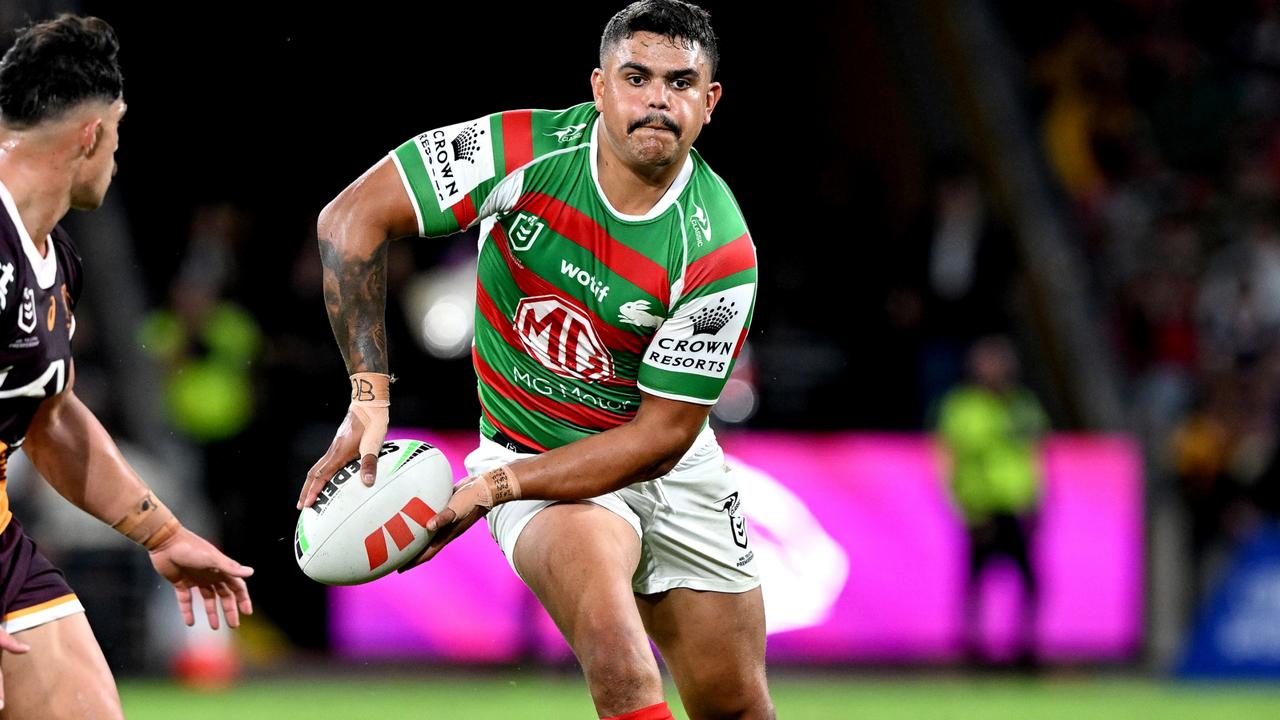 BRISBANE, AUSTRALIA - APRIL 28: Latrell Mitchell of the Rabbitohs in action during the round nine NRL match between Brisbane Broncos and South Sydney Rabbitohs at Suncorp Stadium on April 28, 2023 in Brisbane, Australia. (Photo by Bradley Kanaris/Getty Images)