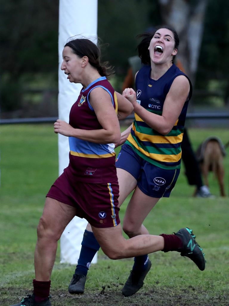 Margaret Gleeson celebrates a goal for St Kevin’s in VAFA Women’s.