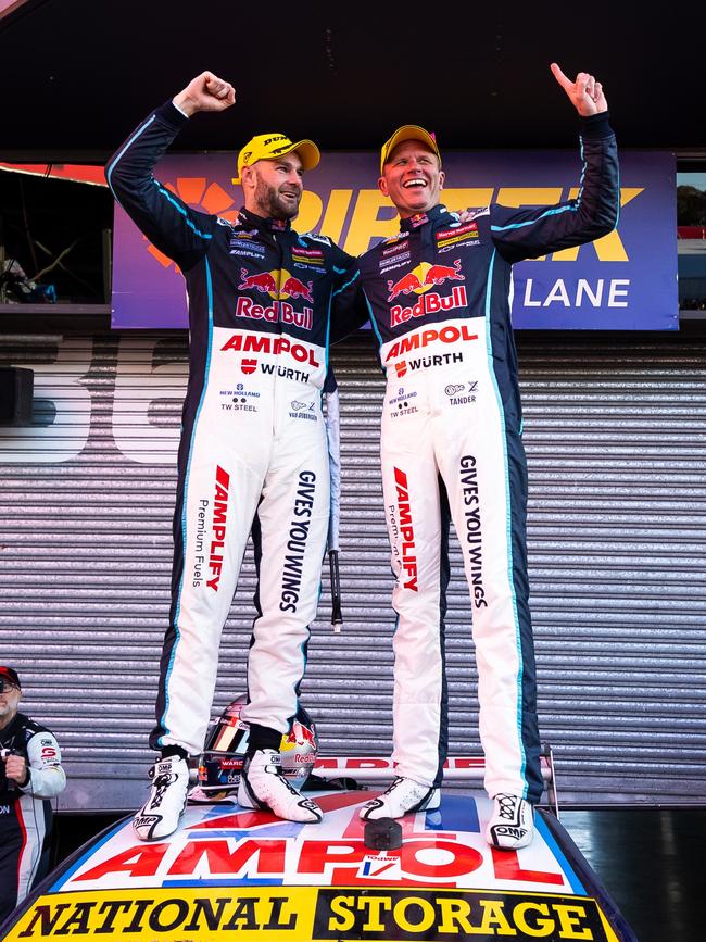 Shane van Gisbergen and Garth Tander celebrate on the podium after winning the 2022 Bathurst 1000. Picture: Daniel Kalisz/Getty Images