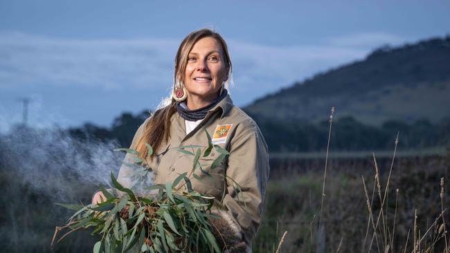 Wadawurrung woman Tammy Gilson in front of sacred place Kareet Bareet near Gordon, Victoria. Picture: Brad Fleet