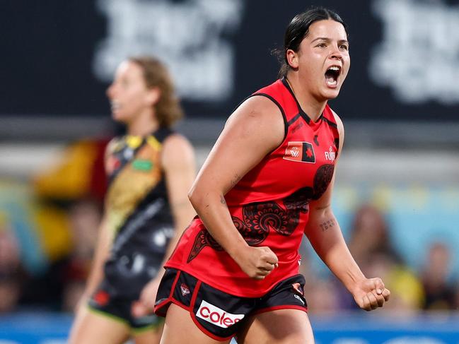 MELBOURNE, AUSTRALIA – OCTOBER 14: Madison Prespakis of the Bombers celebrates a goal during the 2023 AFLW Round 07 match between the Richmond Tigers and the Essendon Bombers at IKON Park on October 14, 2023 in Melbourne, Australia. (Photo by Michael Willson/AFL Photos via Getty Images)