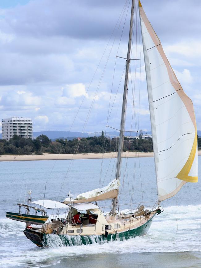 Coast Guard Mooloolaba had to tow a yacht into shore on Monday after it hit a sandbar in attempt to enter the Mooloolah River mouth. Picture: Carmel Laxton