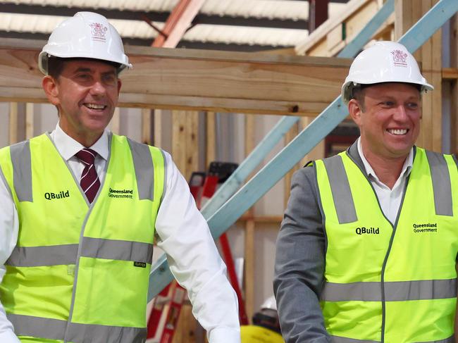 BRISBANE, AUSTRALIA - NewsWire Photos JUNE 3, 2024: Queensland Deputy Premier Cameron Dick, Premier Steven Miles and Housing Minister Meaghan Scanlon during a press conference in Eagle Farm. Picture: NewsWire/Tertius Pickard