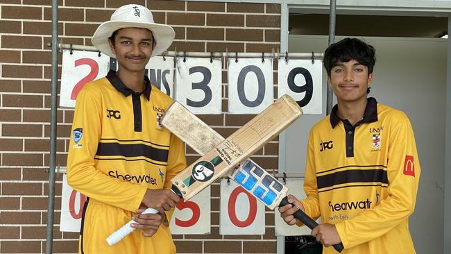 (L-R) Neel Patel (167 runs) and Nirav Sharma (103 runs) for UNSW after their opening partnership of 279 for UNSW v Bankstown, NSW Premier Cricket, U16s AW Green Shield, round three, Sunday, December 22, 2024. Picture: Jason Hosken, NewsCorp - NewsLocal