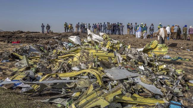 Wreckage is piled at the crash scene of an Ethiopian Airlines flight crash near Bishoftu, Ethiopia, on Monday.Picture: AP 