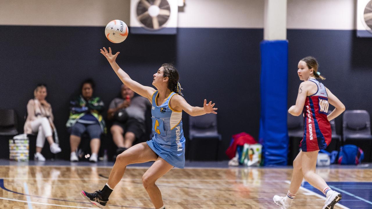 Emily Grace gets to the ball for Peninsula against Darling Downs in Queensland School Sport 16-19 Years Girls Netball Championships at Clive Berghofer Arena, St Mary's College, Friday, May 6, 2022. Picture: Kevin Farmer